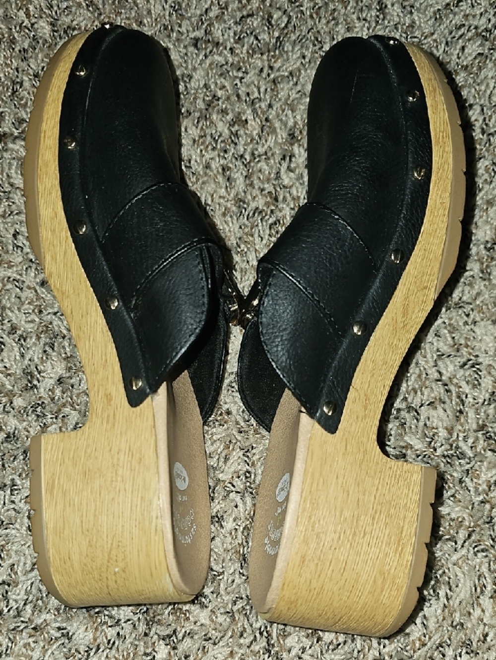 Dr. Scholl's Black Leather Slip-On Mules with Gold Buckles